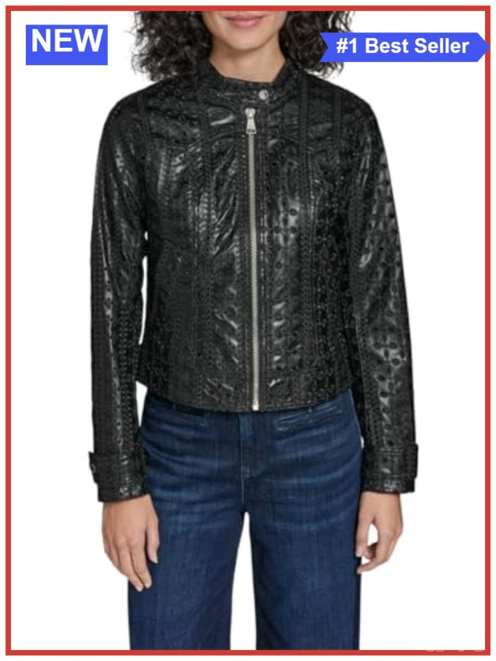 Women's Eyelet Faux Leather Moto Jacket Long Sleeve Zipper